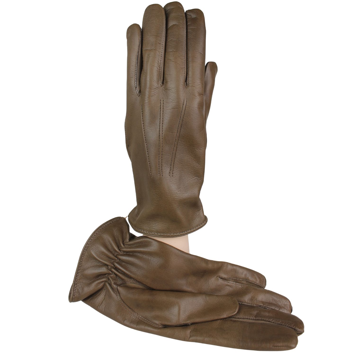 guanto da uomo in pelle colore fango con elastico sotto foderato in puro cashmere