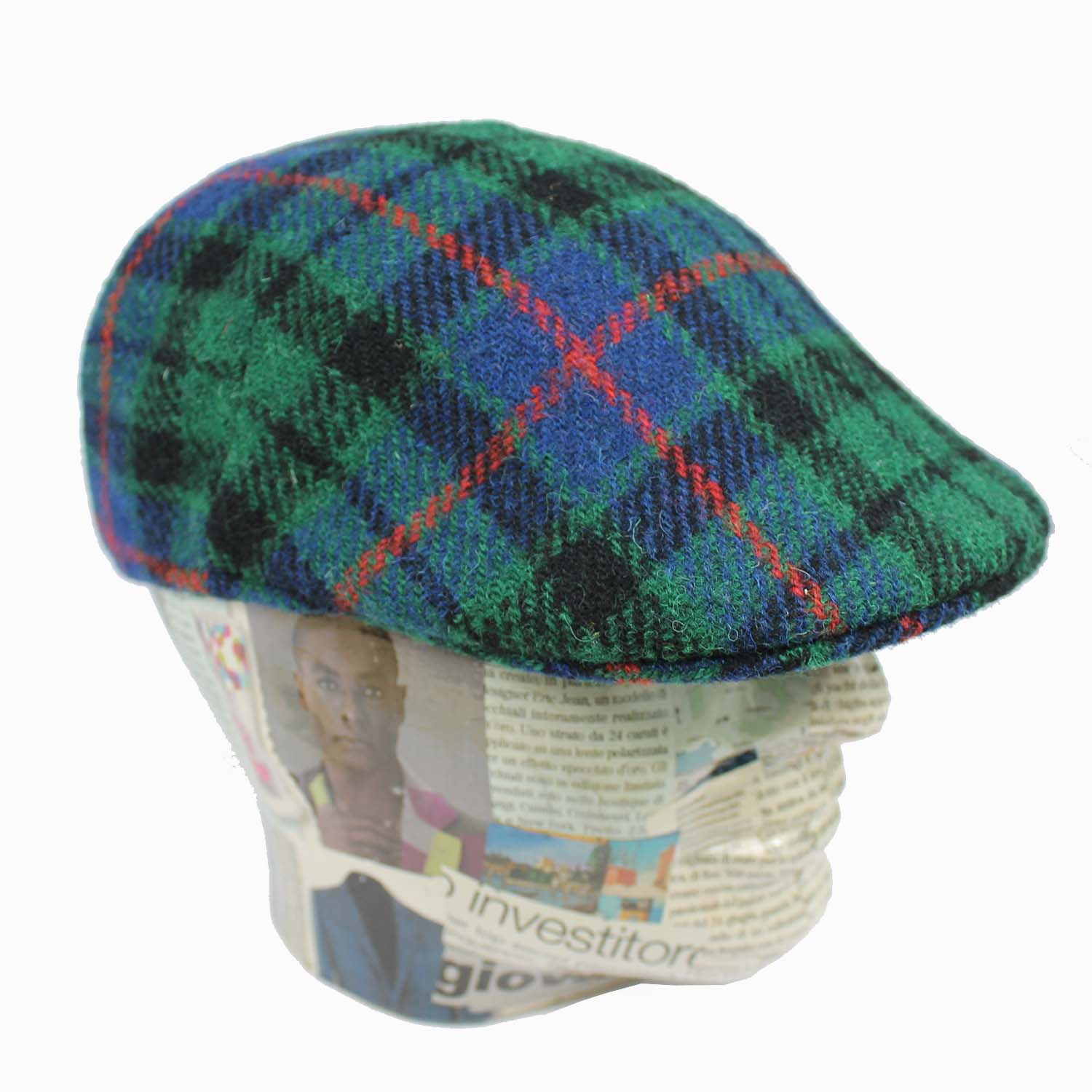 berretto-uomo-modello-coppola-fantasia-scozzese-verde-blu-nero-in-harris-tweed
