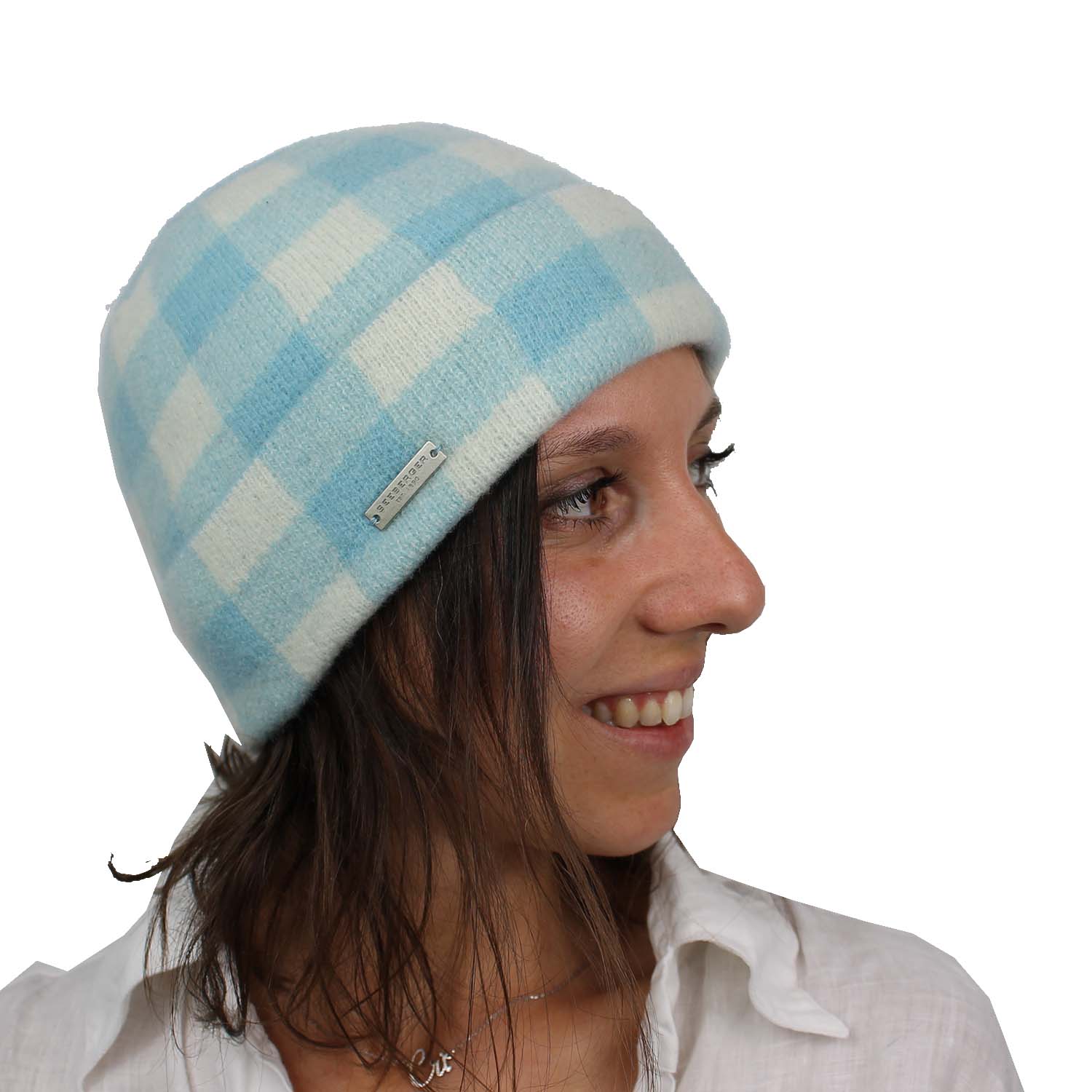 cappello-in-lana-da-donna-modello-docker-fantasia-quadri-panna-e-celeste