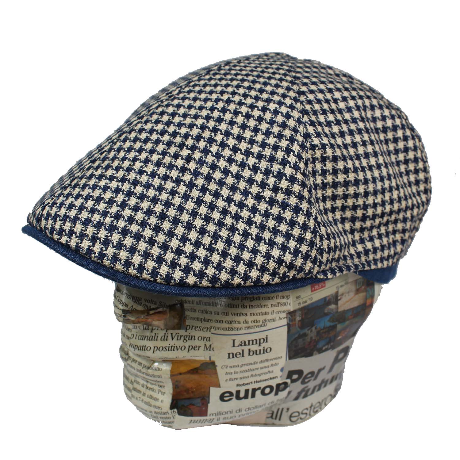 Berretto a spicchi in lino e cotone fantasia pied de poule blu e panna - Coppola uomo