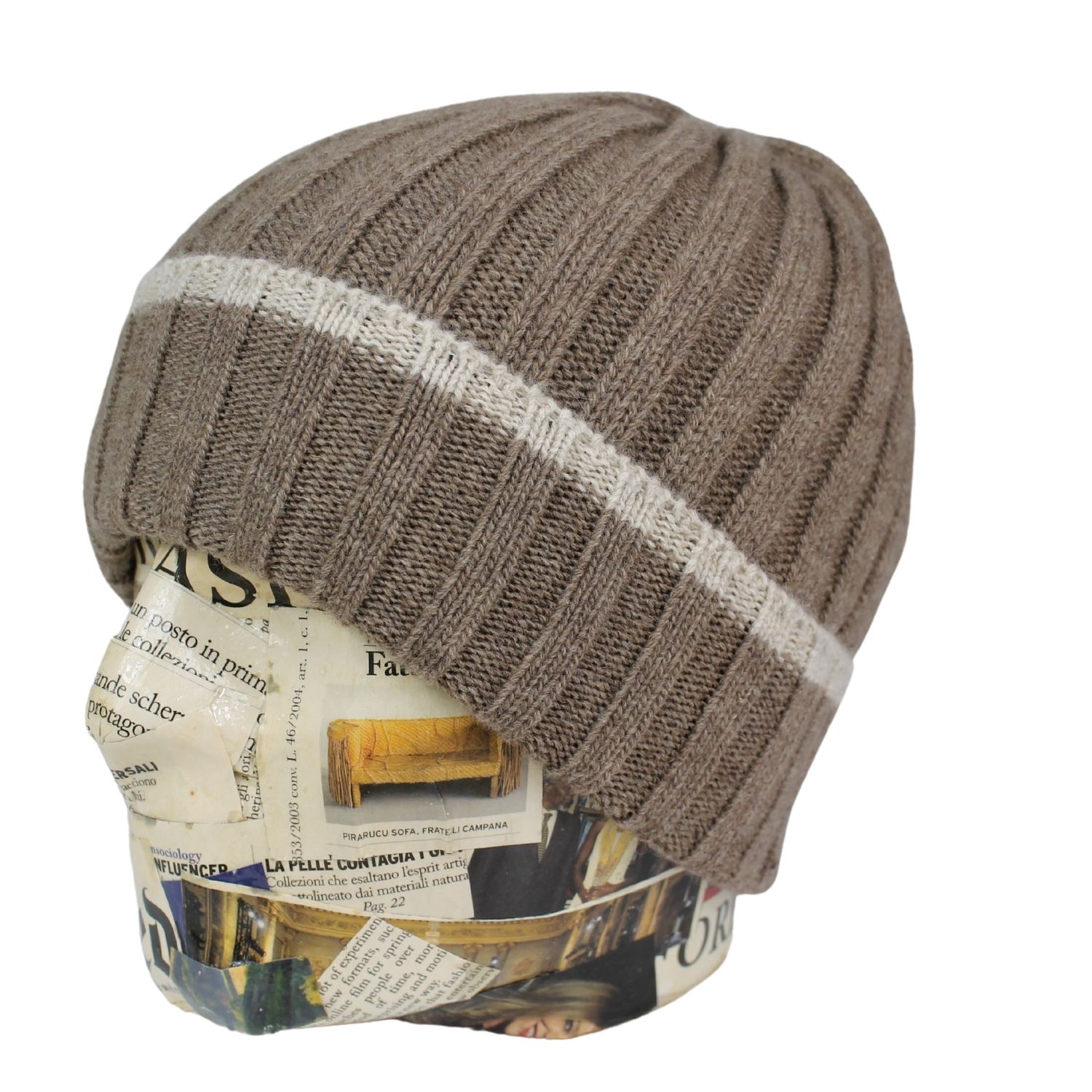 Berretto costa inglese con risvolto colore tortora - Cuffia lana merino