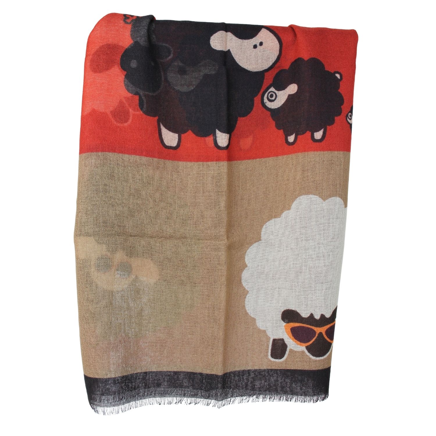 Sciarpa-donna-pura-lana-tessuta-fine-fantasia-disegno-pecore-tonalità-rosso-marrone