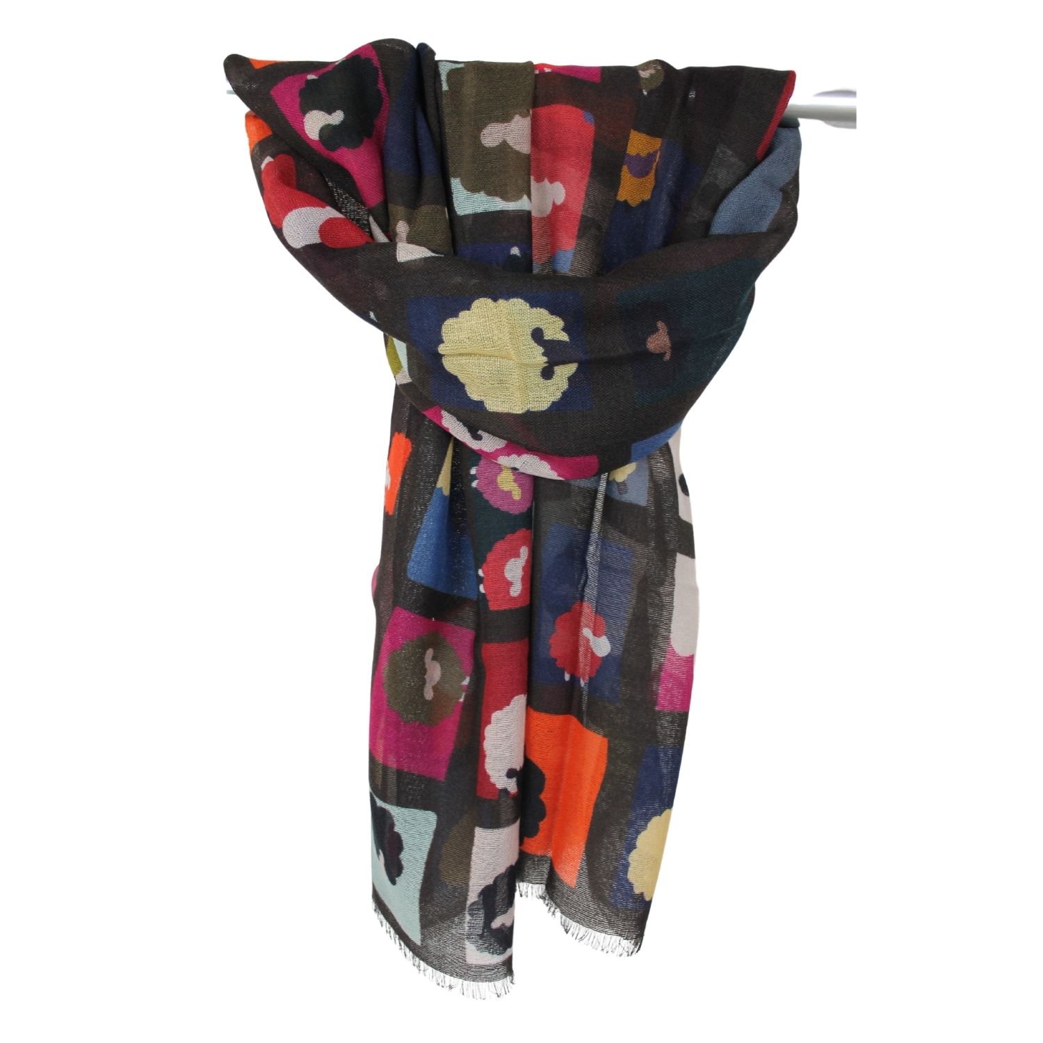 sciarpa-donna-pura-lana-tessuta-fine-fantasia-disegno-pecore-colorete-tonalità-moro