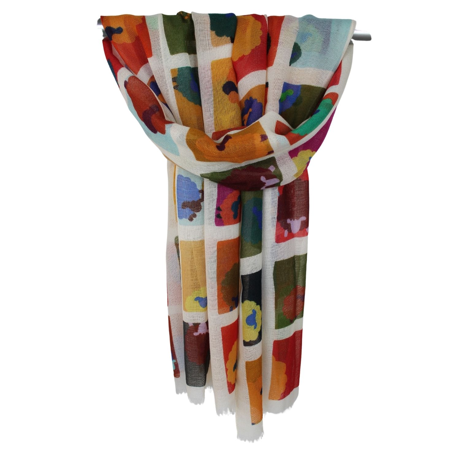 sciarpa-donna-pura-lana-tessuta-fine-fantasia-disegno-pecore-colorete-tonalità-panna