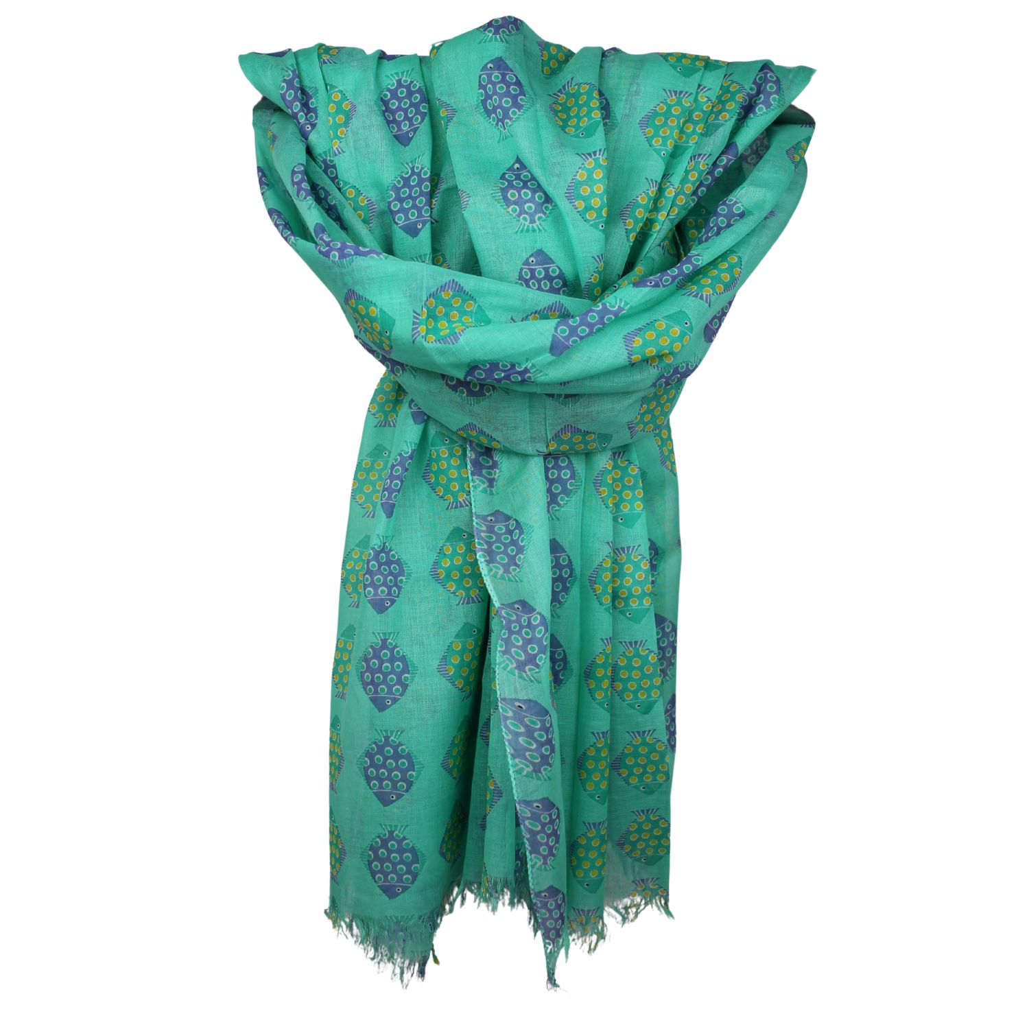 sciarpa-pareo-in-cotone-fantasia-disegno-pesci-tonalità-verde