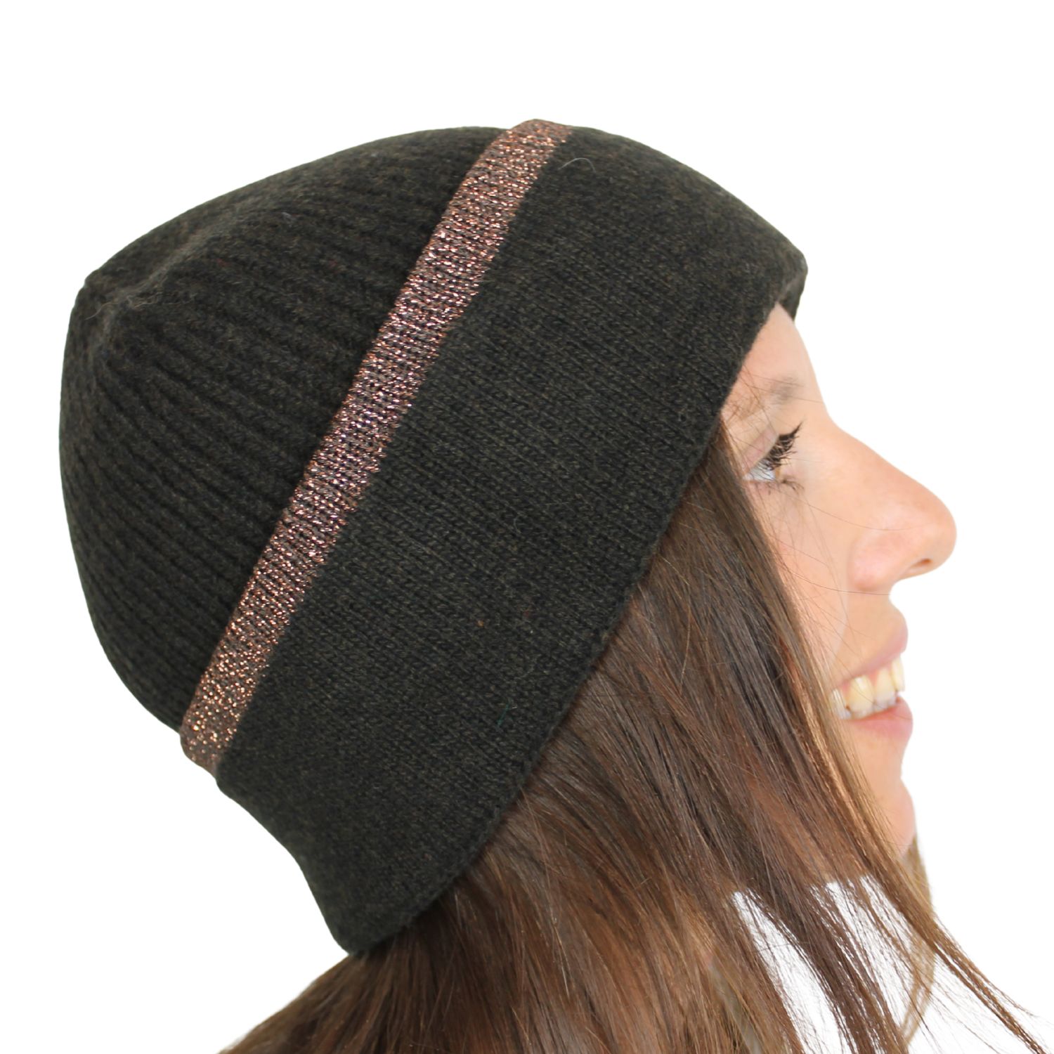 berretto in maglia lana e cashmere colore chocolate con profilo lurex