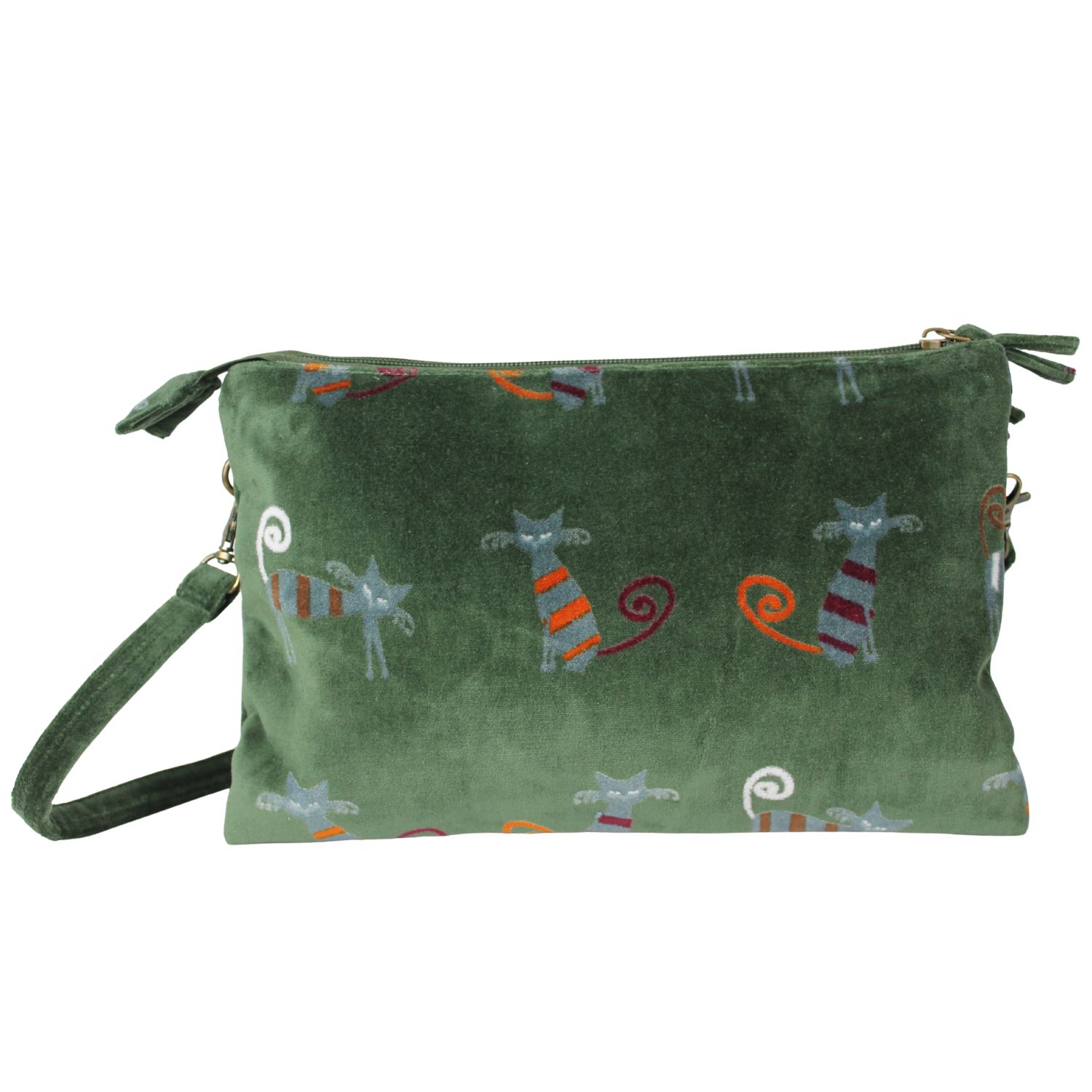 borsa-in-velluto-a-tracolla-colore-verde-fantasia-disegni-gatti