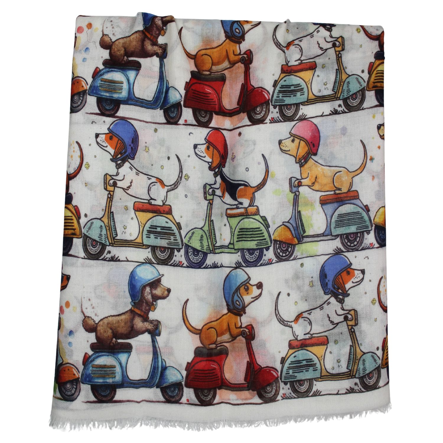 sciarpa-lana-donna-fantasia-diesgno-cani-in-vespa-tonalità-bianco