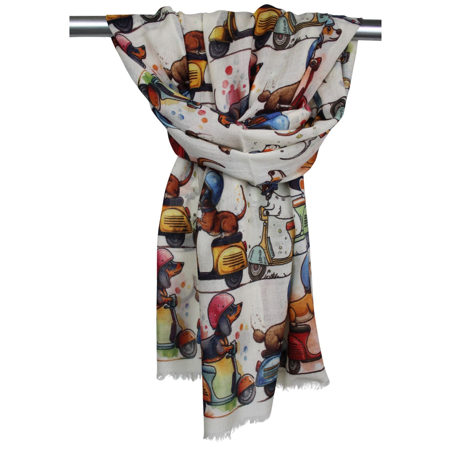 sciarpa-lana-donna-fantasia-diesgno-cani-in-vespa-tonalità-bianco