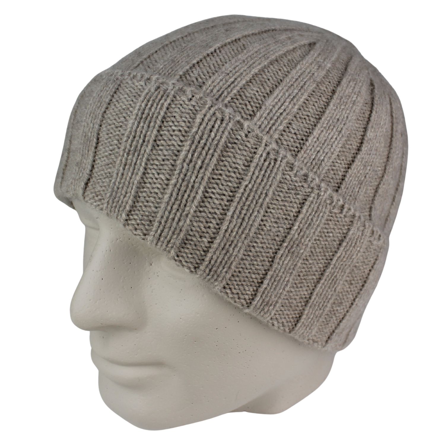 Berretto a costa larga con risvolto in puro cashmere colore beige