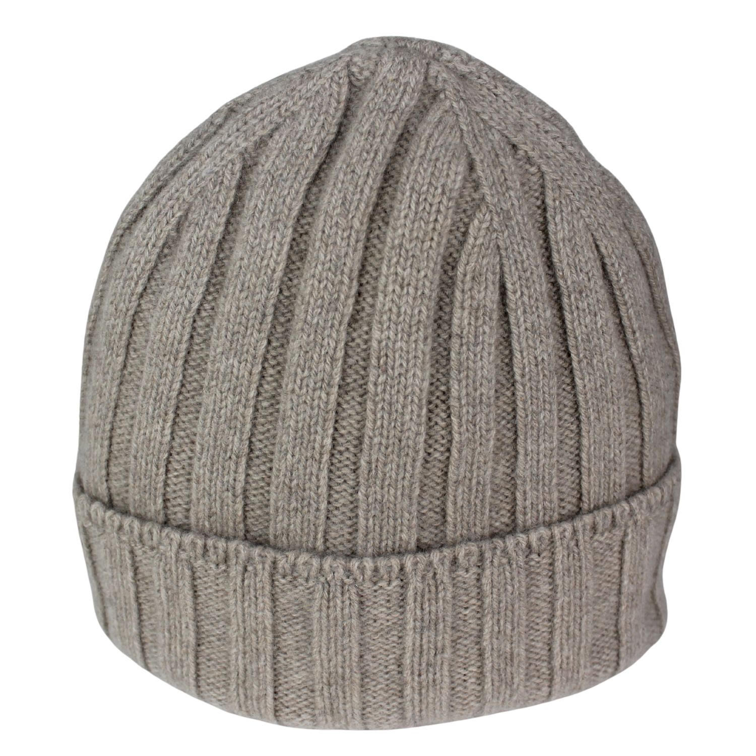 Berretto a costa larga con risvolto in puro cashmere colore beige