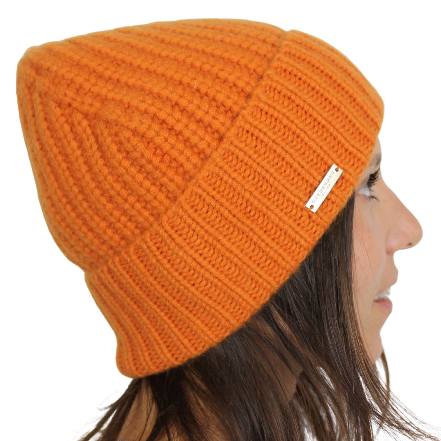 berretto a coste con risvolto in puro cashmere 3 fili colore arancione