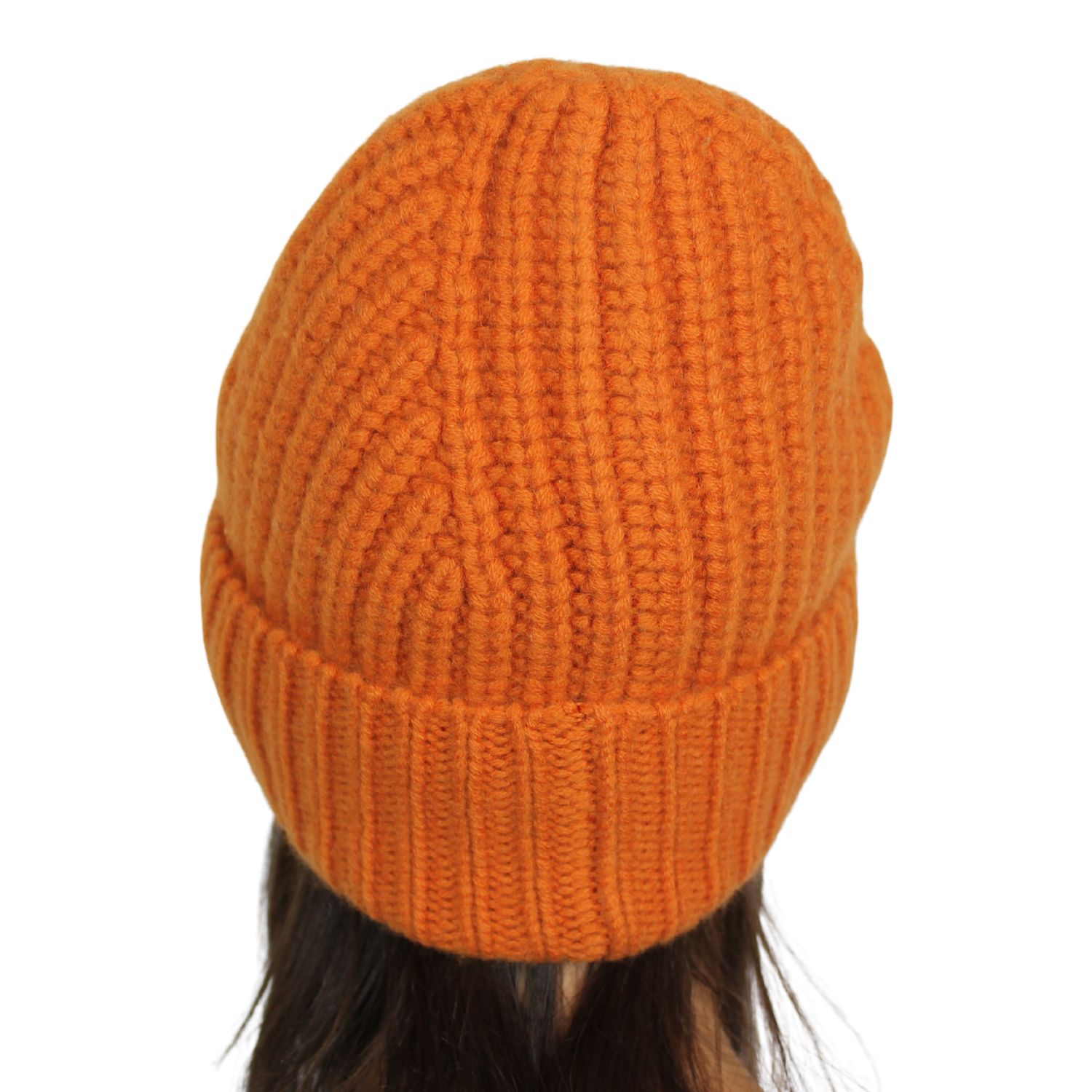 berretto a coste con risvolto in puro cashmere 3 fili colore arancione