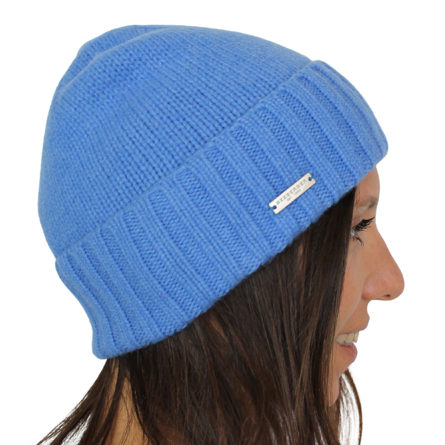 berretto con risvolto unisex in puro cashmere 3 fili colore azzurro