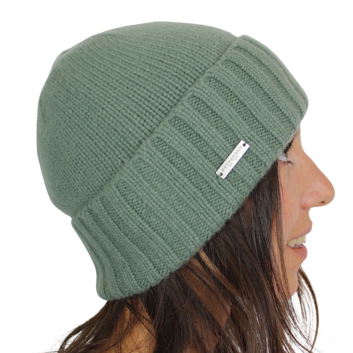 berretto con risvolto unisex in puro cashmere 3 fili colore verde oliva