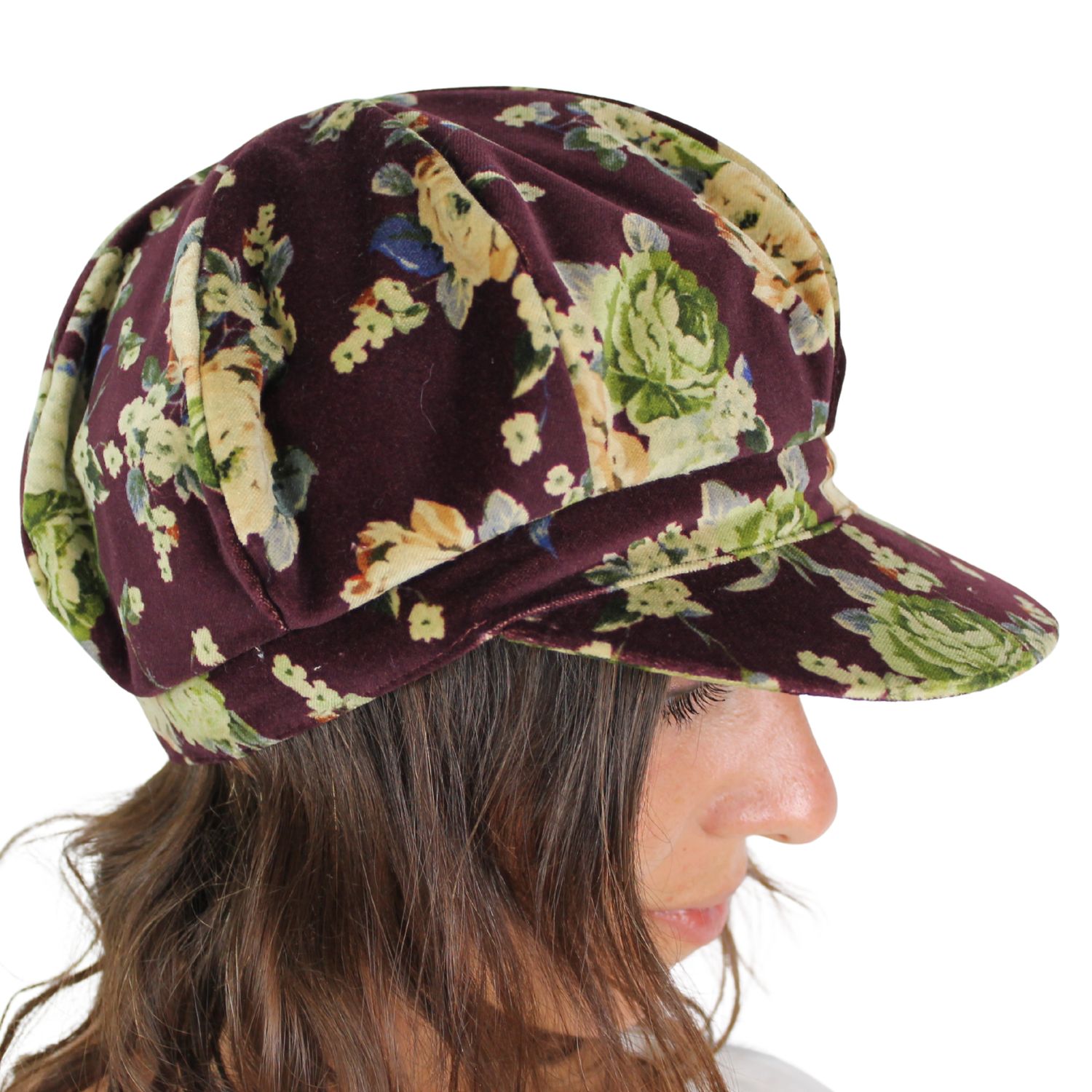 berrettone da donna cappello a spicchi con visiera marchio Grevi in velluto fantasia floreale bordeaux