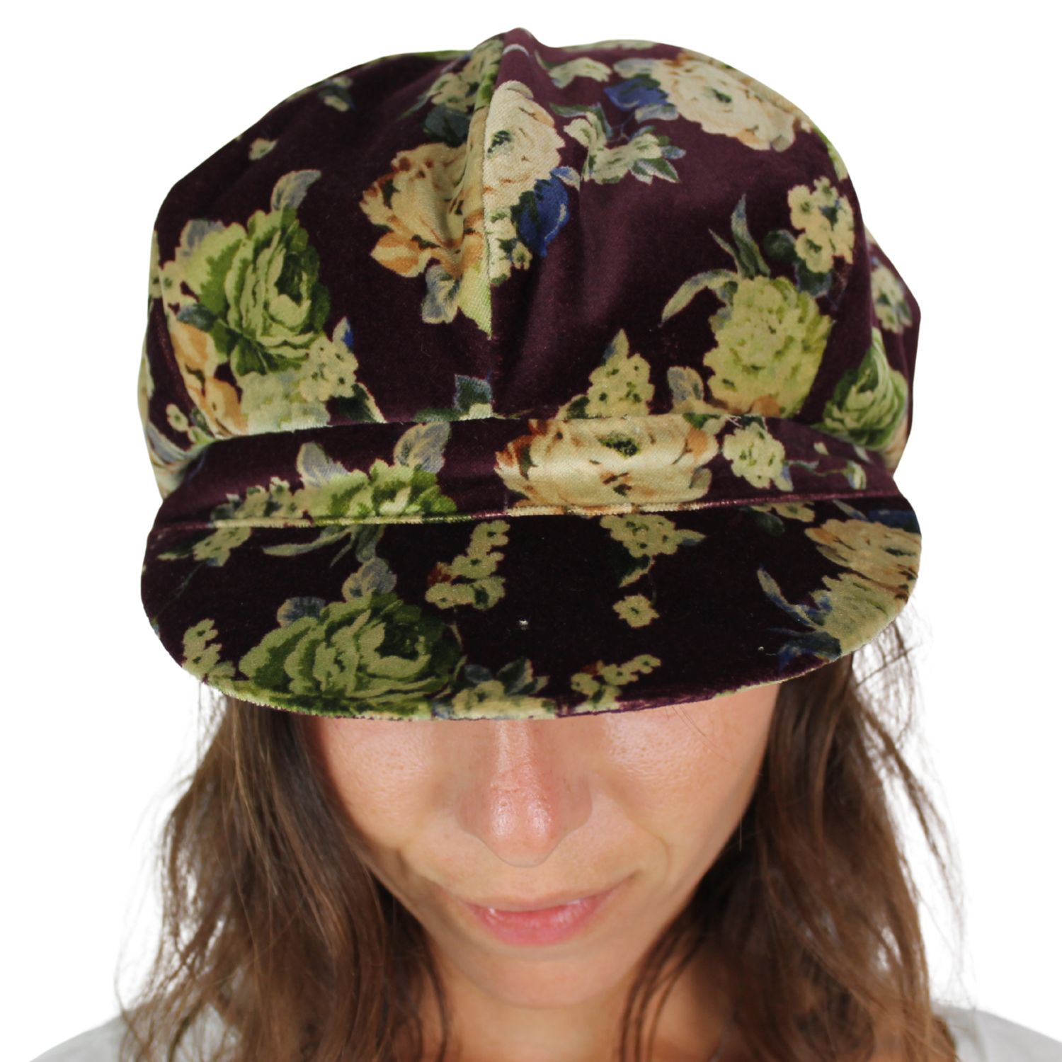 berrettone da donna cappello a spicchi con visiera marchio Grevi in velluto fantasia floreale bordeaux