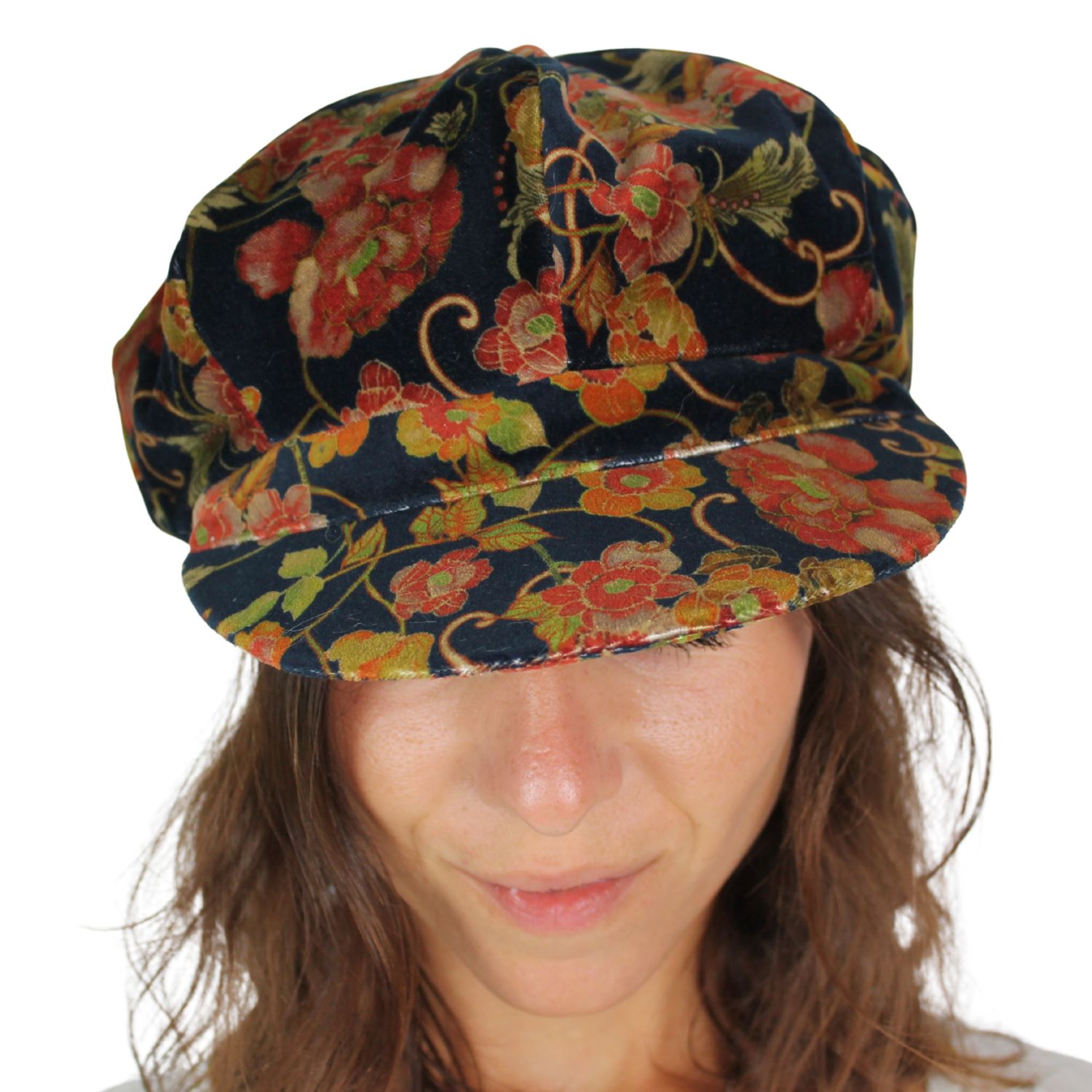 berrettone marchio Grevi cappello a spicchi con la visiera in velluto fantasia floreale blu
