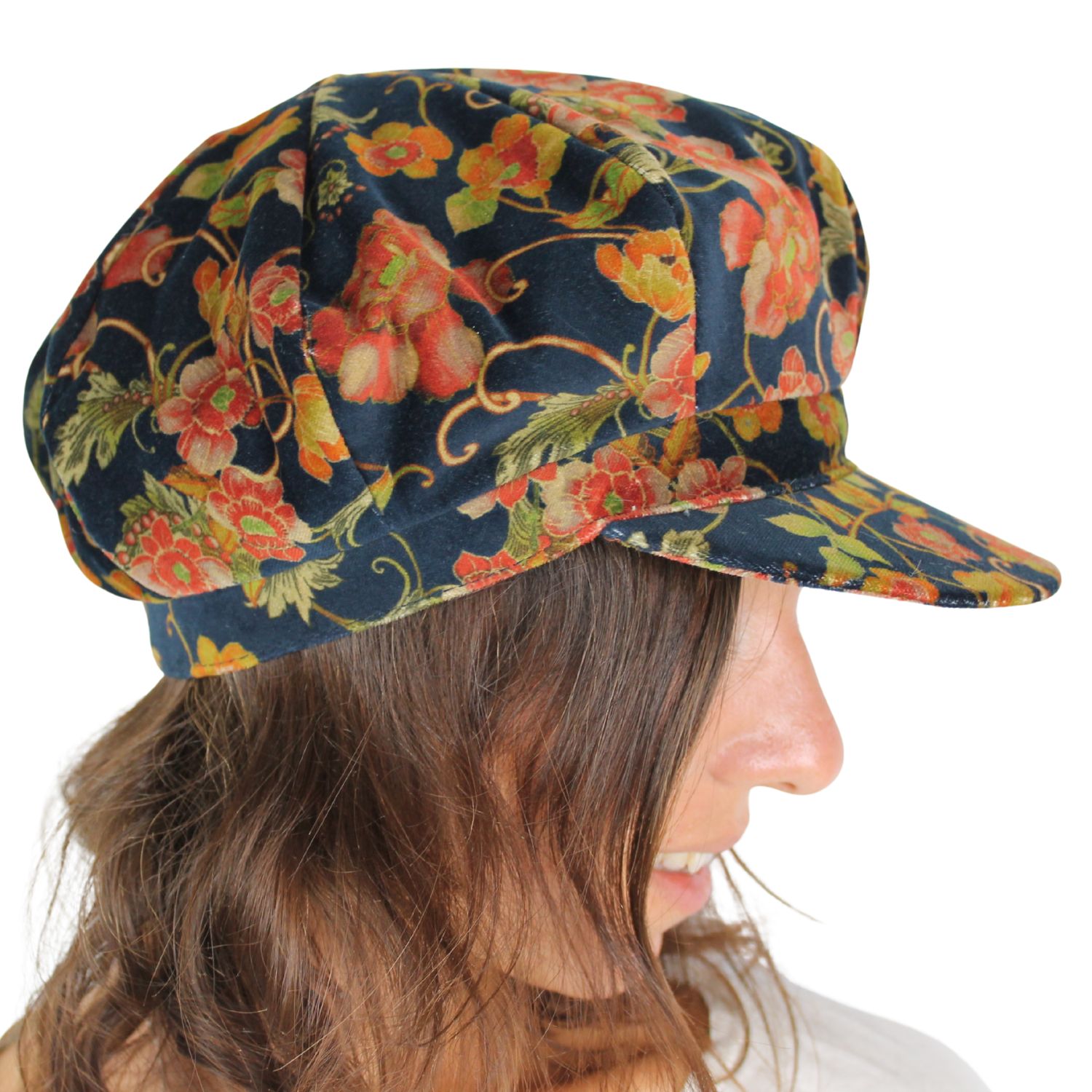 berrettone marchio Grevi cappello a spicchi con la visiera in velluto fantasia floreale blu