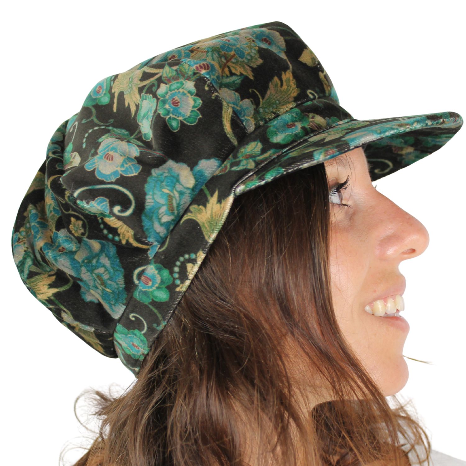 berrettone marchio Grevi cappello a spicchi con la visiera in velluto marrone fantasia floreale