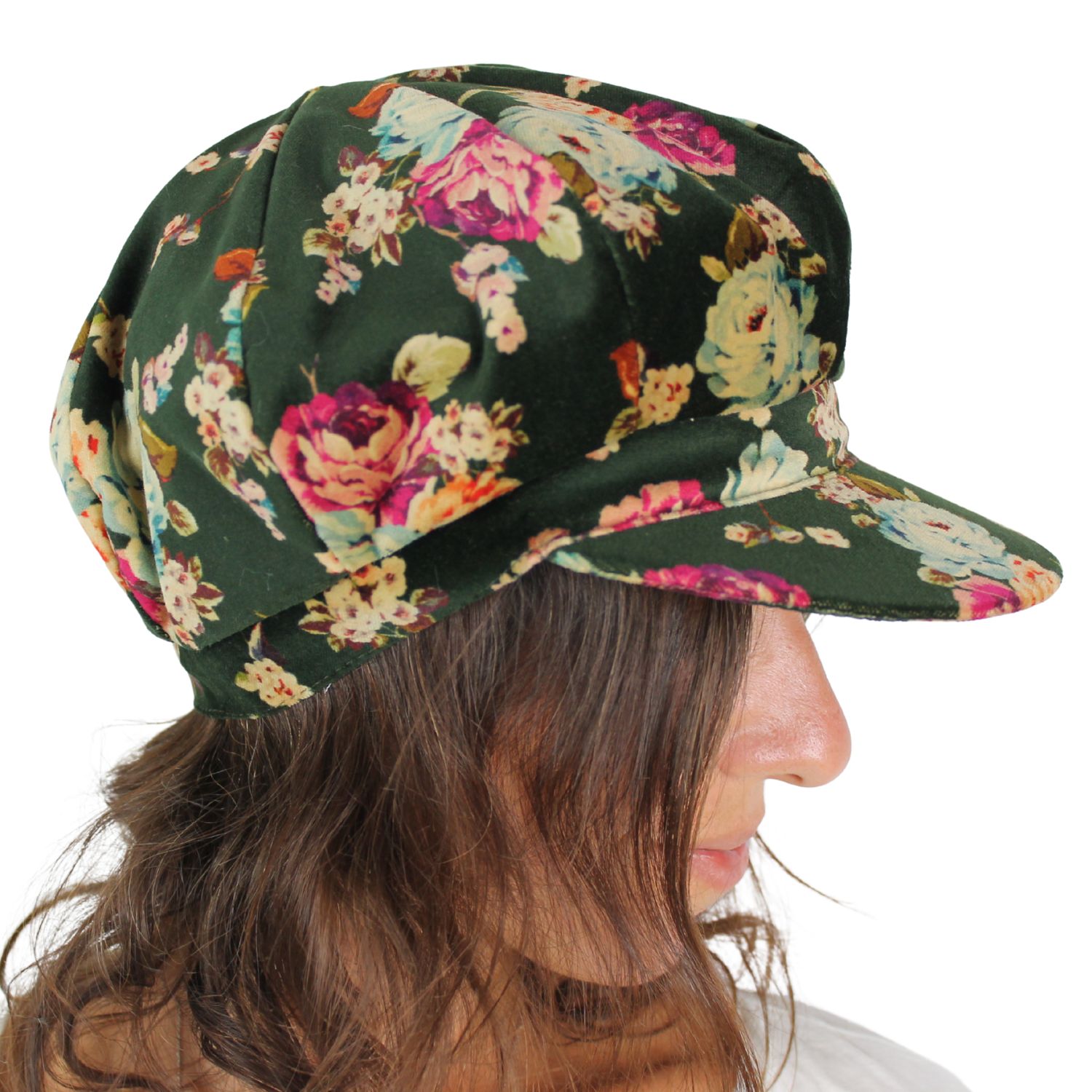 berrettone marchio Grevi cappello a spicchi con la visiera in velluto fantasia floreale verde