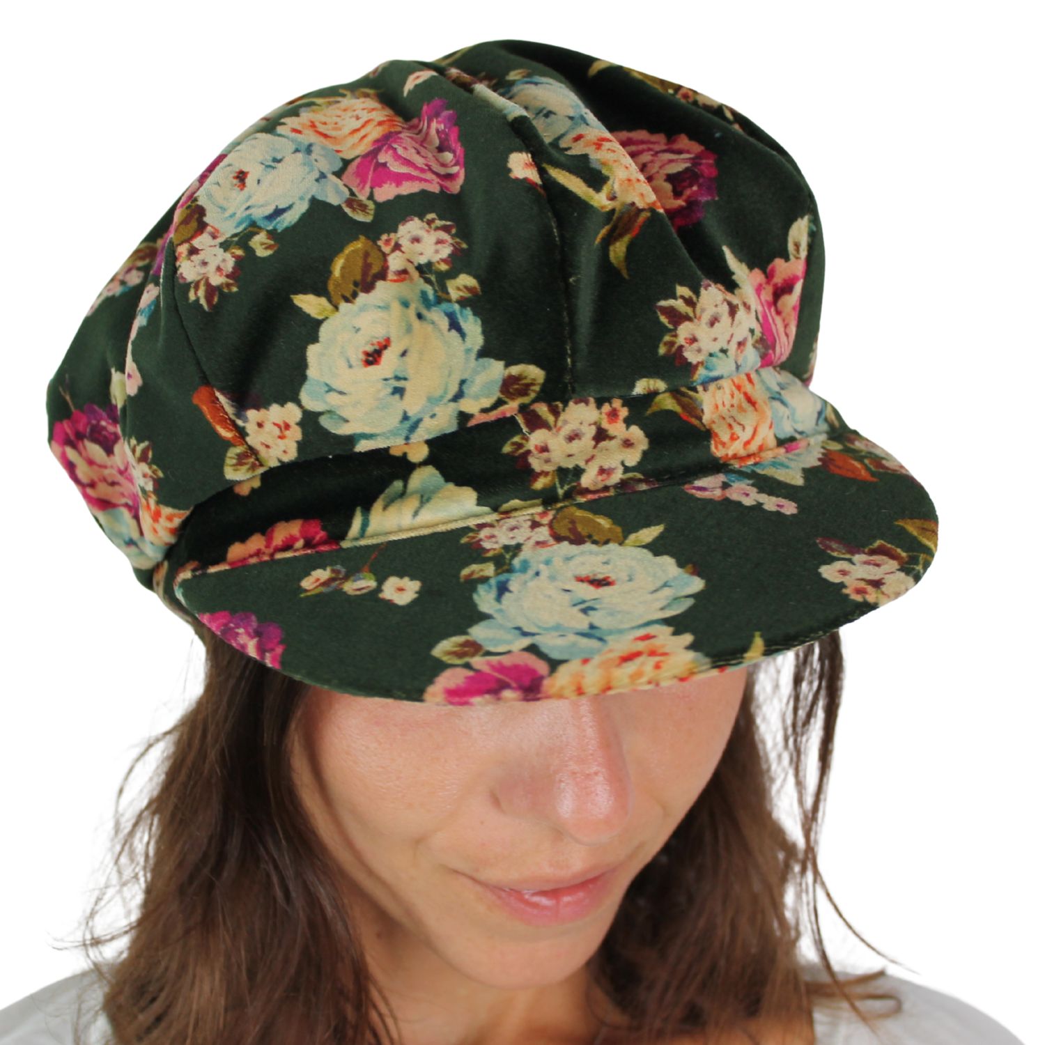 berrettone marchio Grevi cappello a spicchi con la visiera in velluto fantasia floreale verde