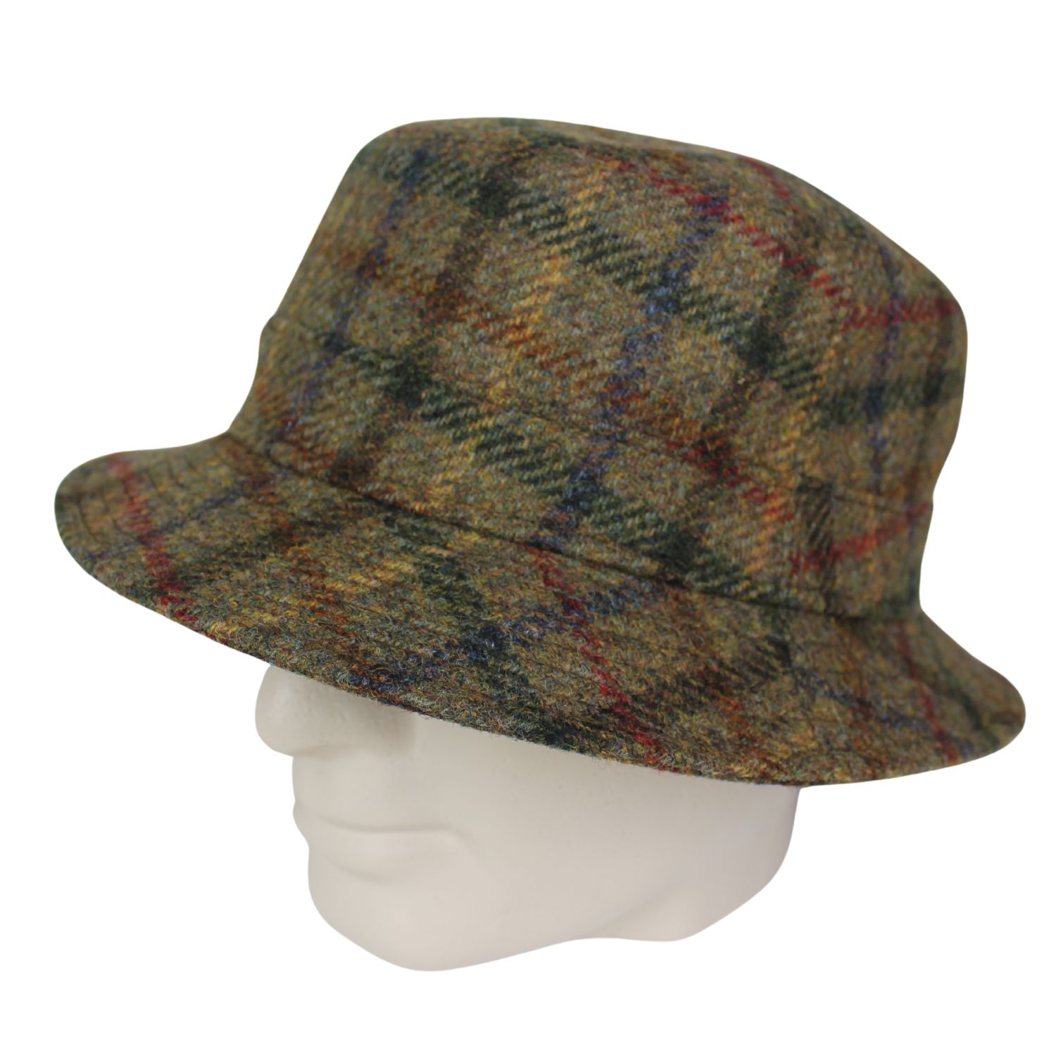 cappello da pescatore tascabile in lana harris tweed fantasia quadri verde