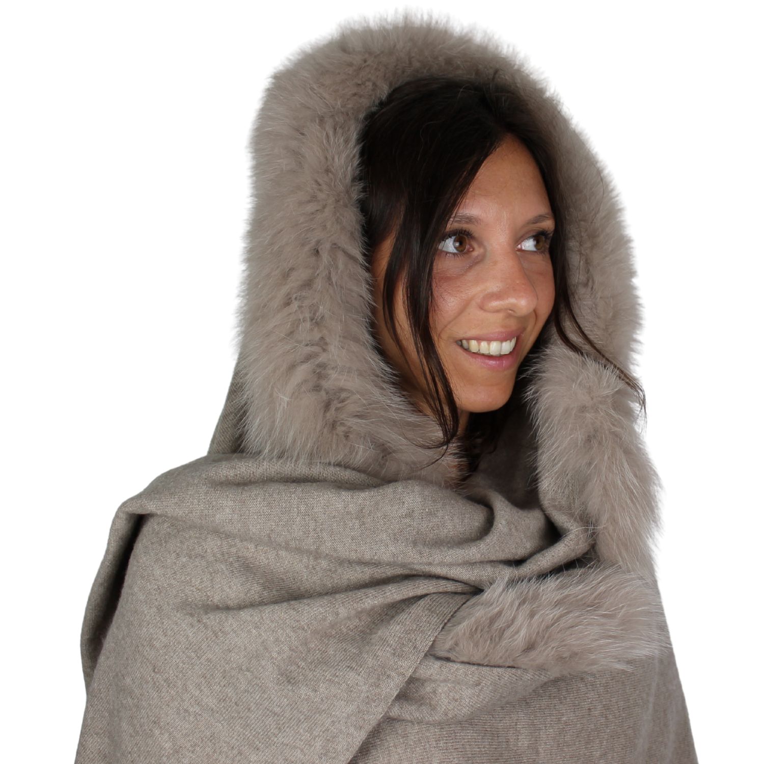 sciarpa cappuccio in lana e cashmere rifinita con un bordo in pelliccia di volpe in tinta colore beige