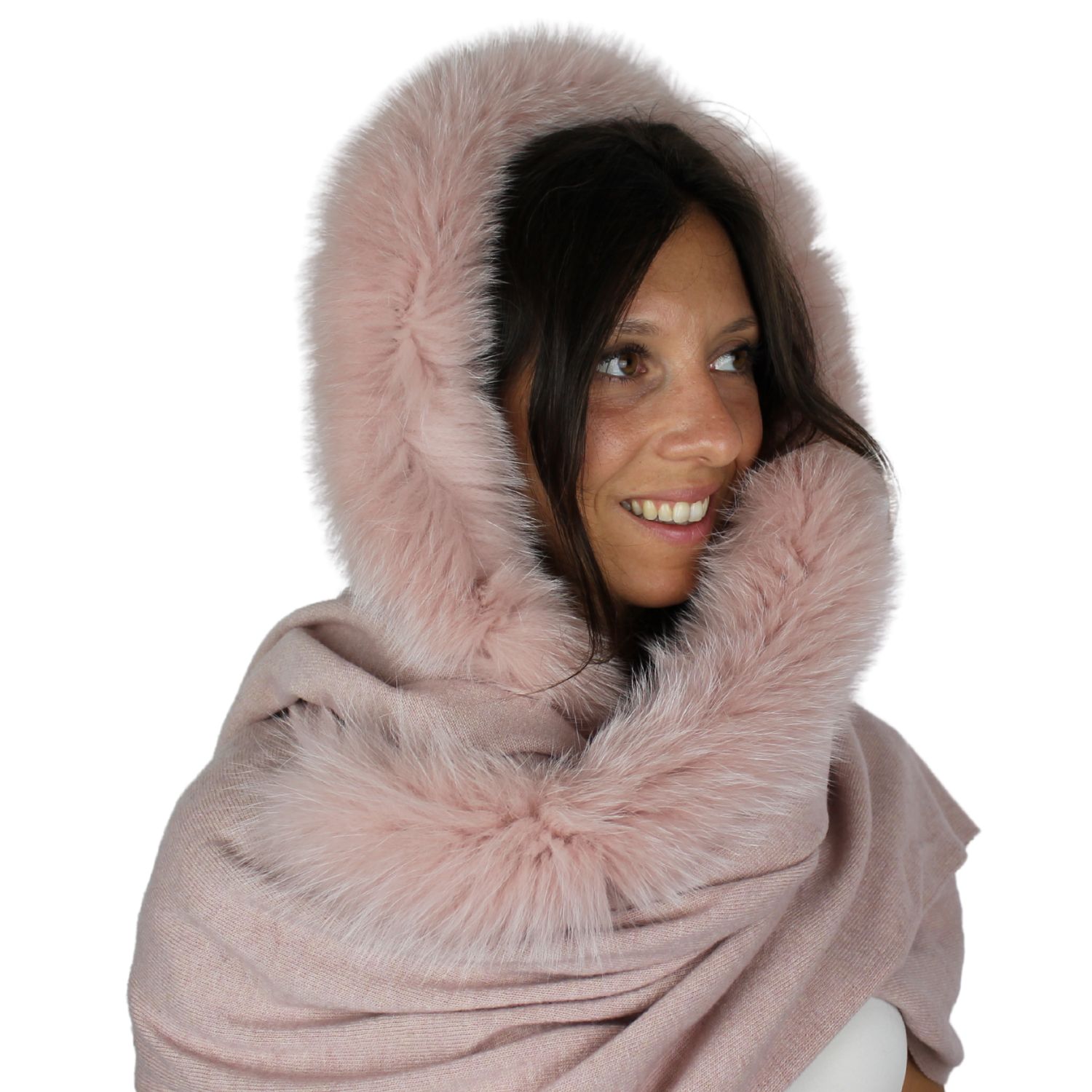 sciarpa cappuccio in lana e cashmere rifinita con un bordo in pelliccia di volpe in tinta colore rosa