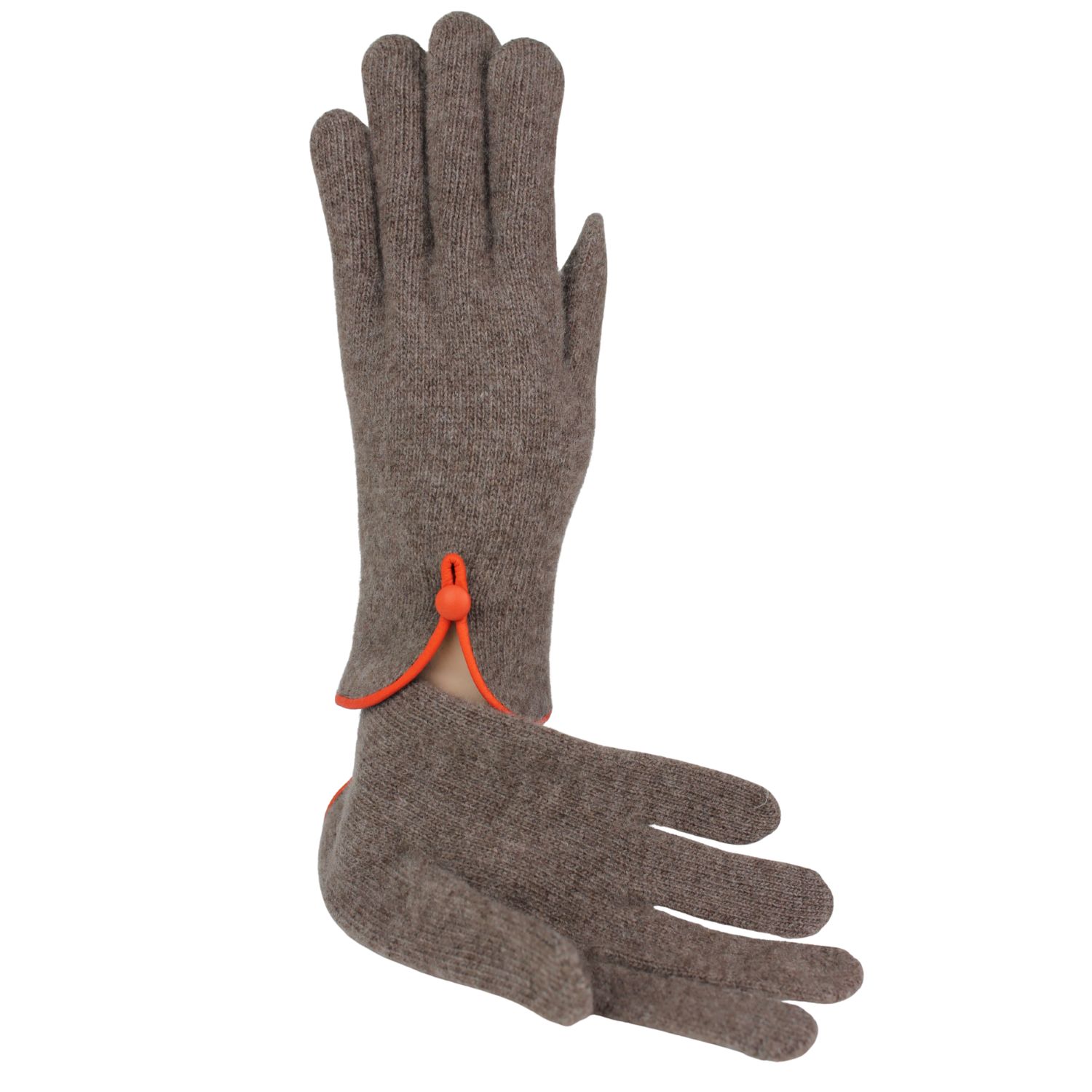 guanto da donna in lana e cashmere colore legno con profilo in pelle