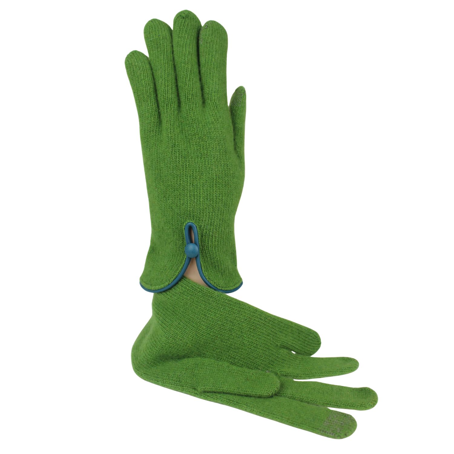 guanto da donna in lana e cashmere colore verde con profilo in pelle