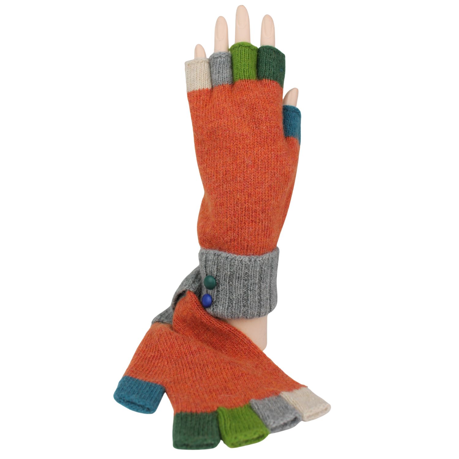 guanto da donna mezze dita in lana e cashmere con dita colorate e bottoncini in pelle colore arancione