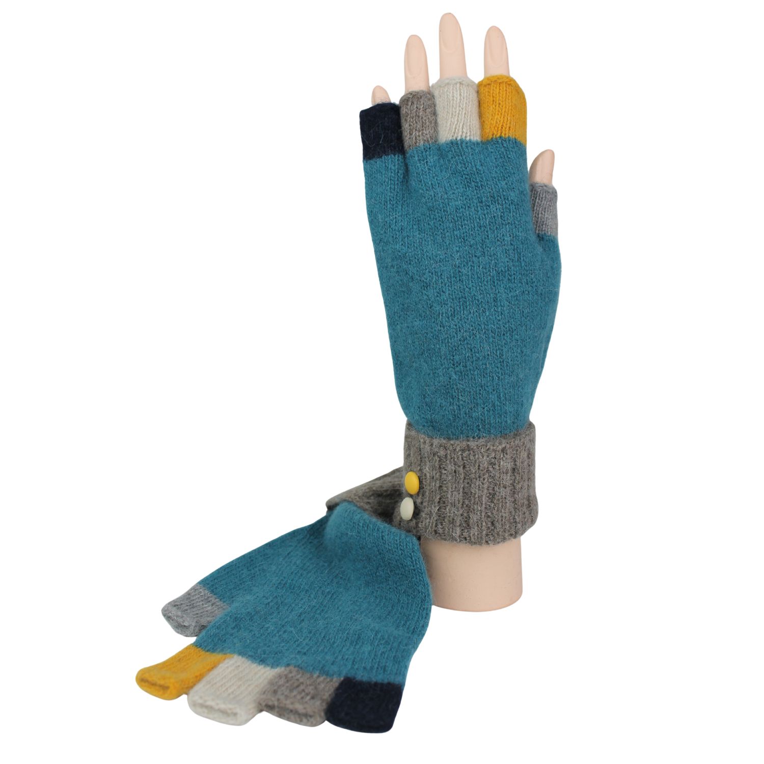 guanto da donna mezze dita in lana e cashmere con dita colorate e bottoncini in pelle colore azzurro