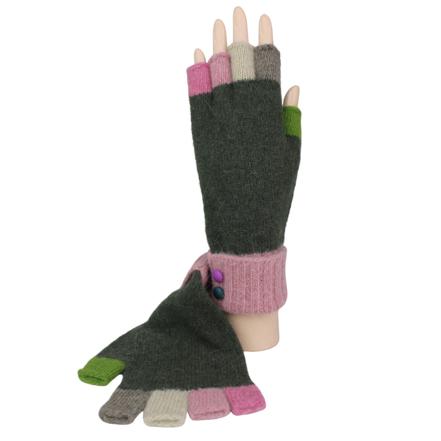 guanto da donna mezze dita in lana e cashmere con dita colorate e bottoncini in pelle colore verde muschio