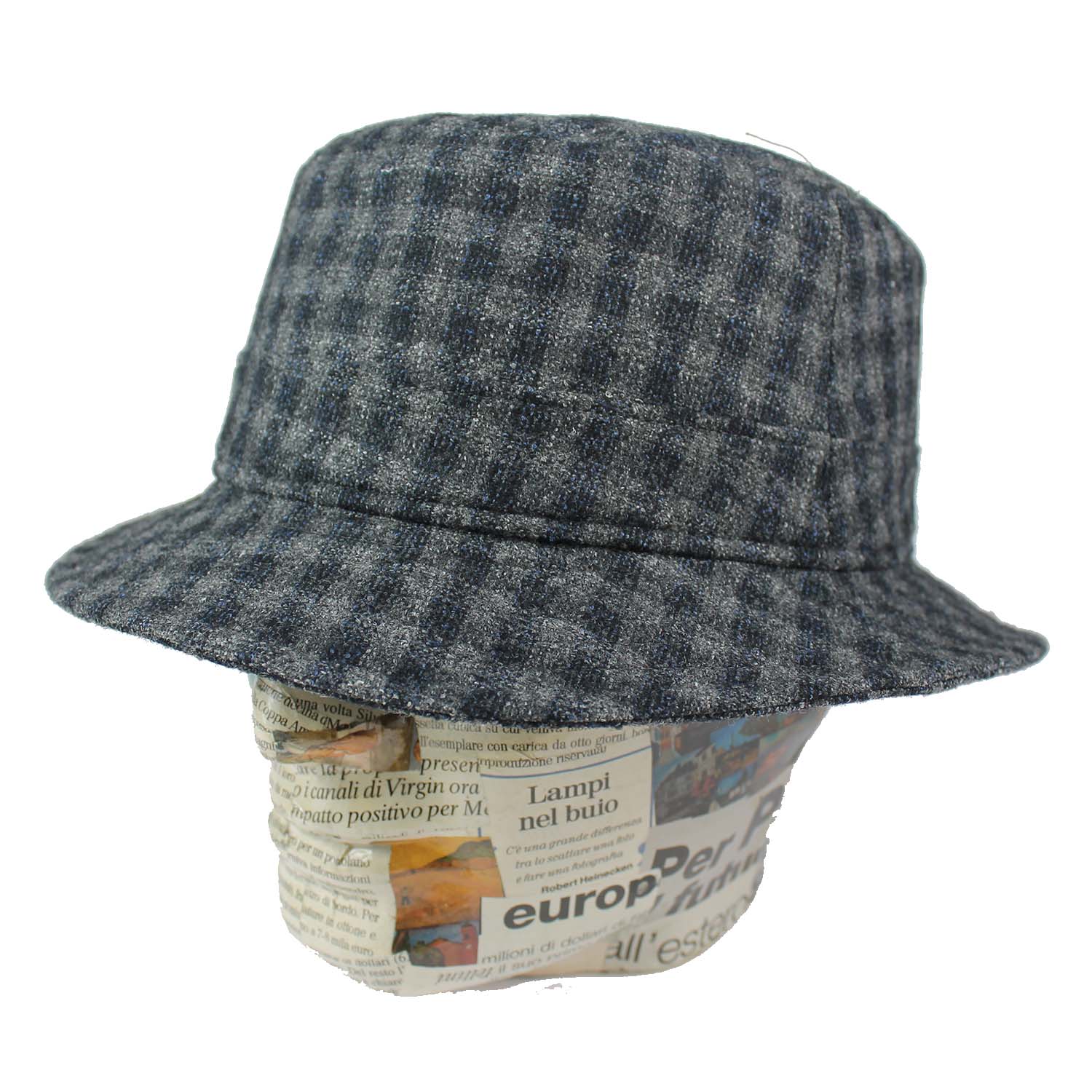 Cappello da pescatore - Bucket Hat waterproof - Pura lana - Fantasia  quadretti grigio e blu